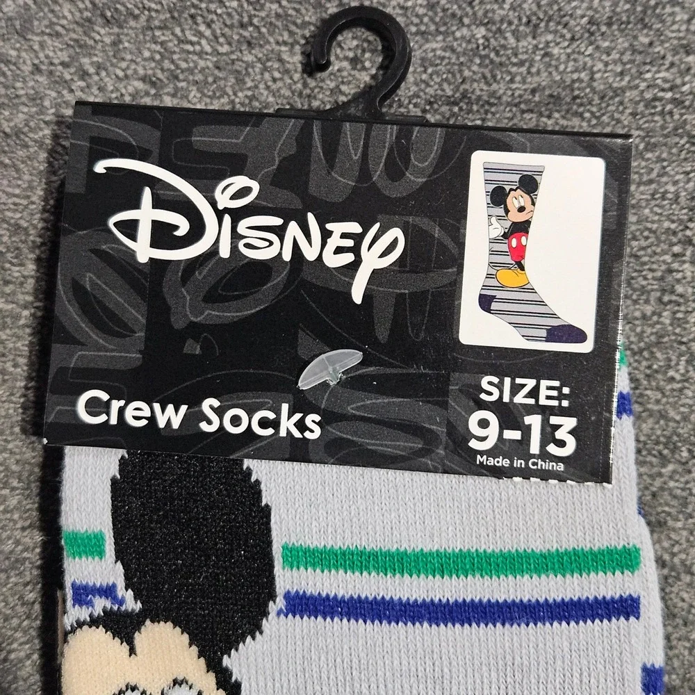 Disney Mickey Mouse Mens Crew Socks Gray Blue Green Striped Size 9-13 New 401019
